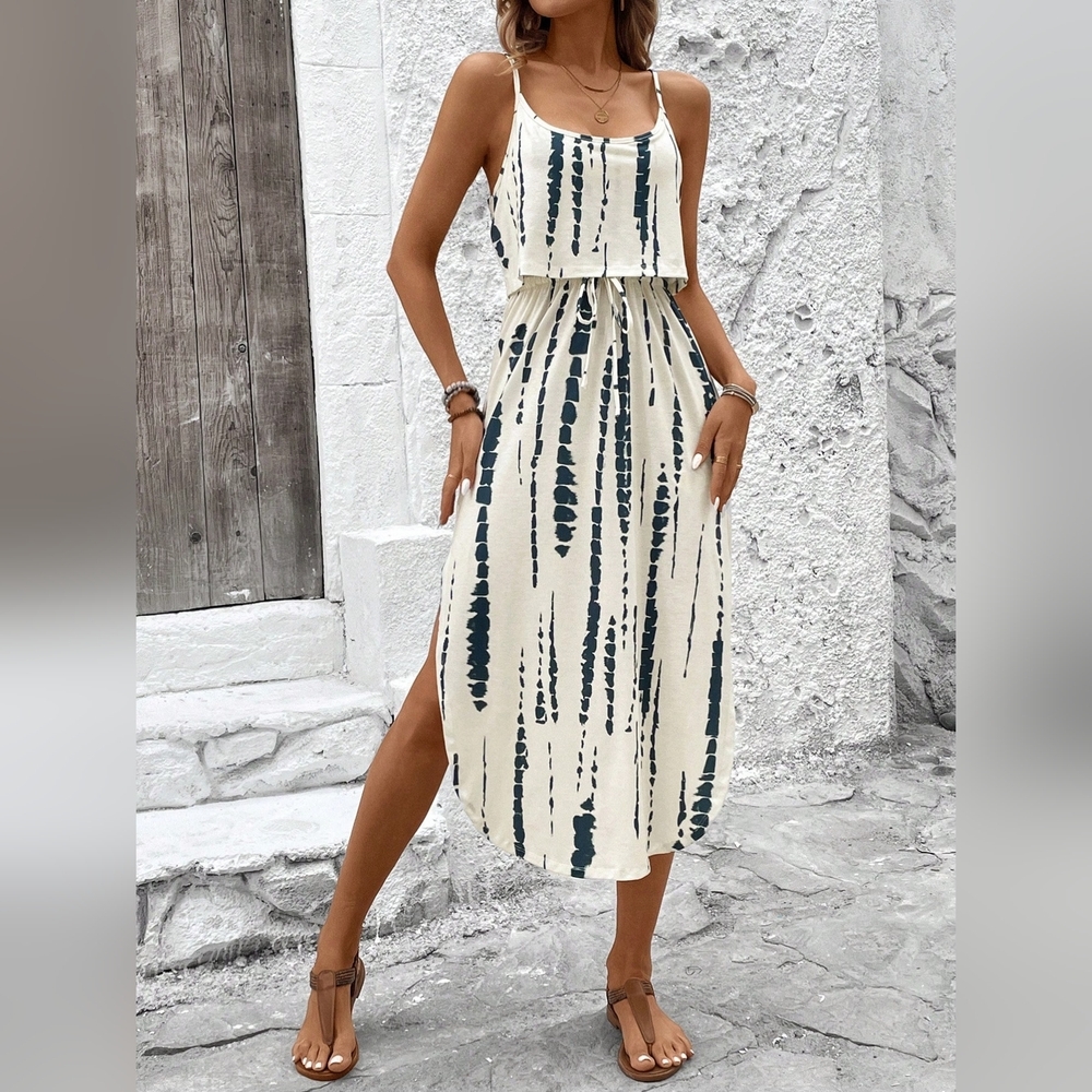 Women's Summer Skin-Friendly Tie-Dye Spaghetti Strap Dress With Waist Belt - Picture 2 of 6